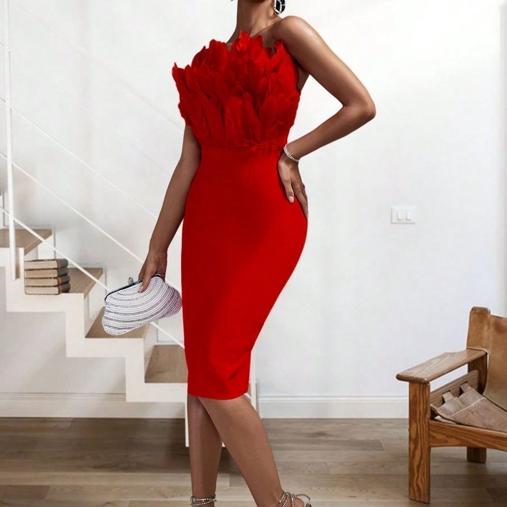 Red Party Womens Fuzzy Trim Tube Bodycon Dress - Picture 4 of 5